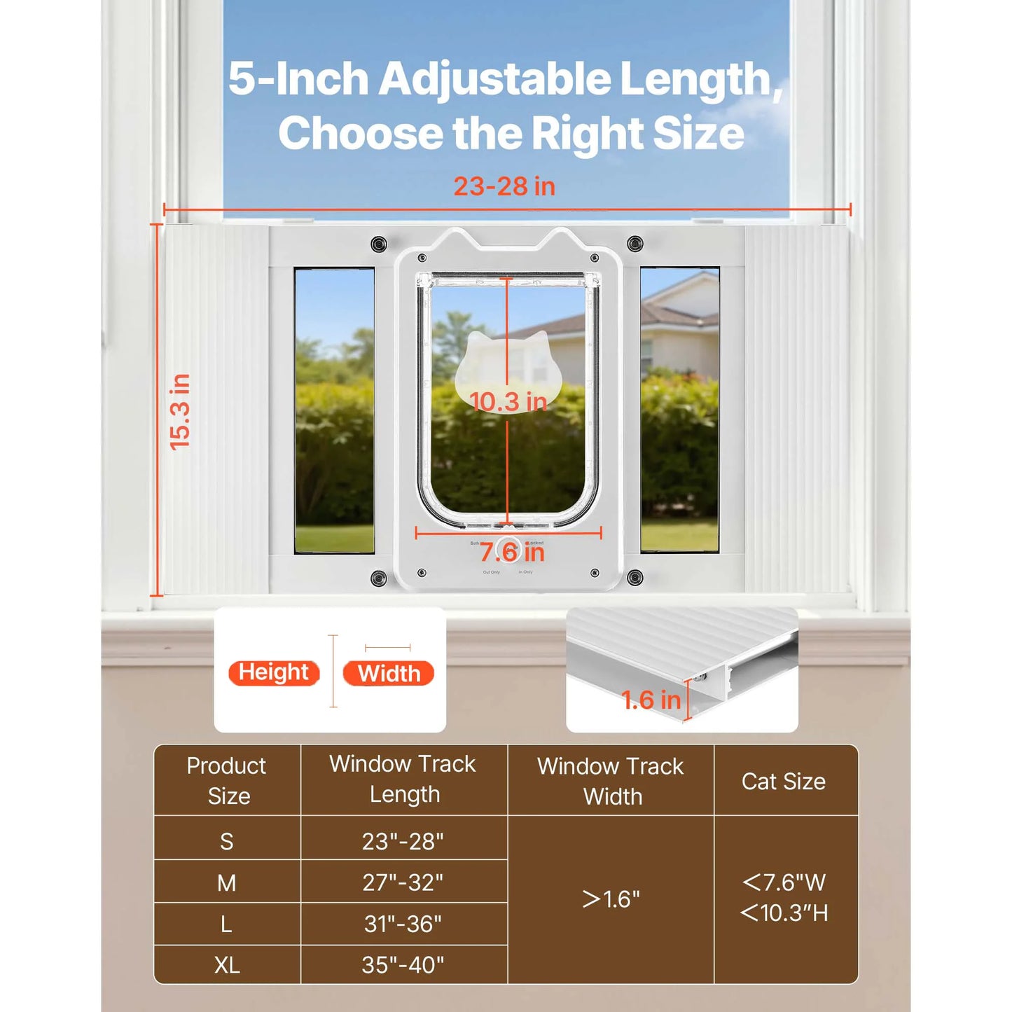 SucceBuy Cat Door for Window Adjustable to Fit Window Width 23"-28" 4 Secure Lock Modes Magnetic Closure Pet Door for Cats White