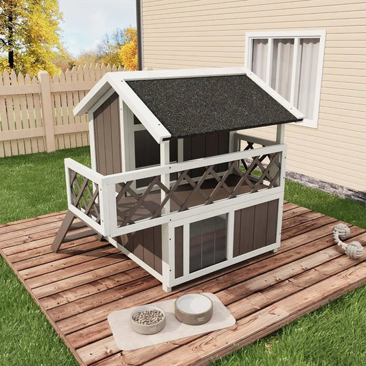 Wooden 2-Level Cat House Outdoor Indoor Weatherproof Shelter With Shade Balcony Side Stairs Guardrails Raised Floor For Cats