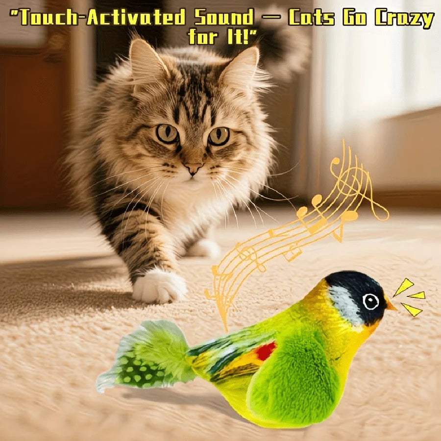 Realistic Bird, Interactive Cat Toy - Realistic Chirping Sound, Artificial Nylon Feathers, Soft Nylon Feather Stick, Handmade Design, Solo Play And Hunting Fun, Suitable For All Cats, Physical Sound, No Battery Required.