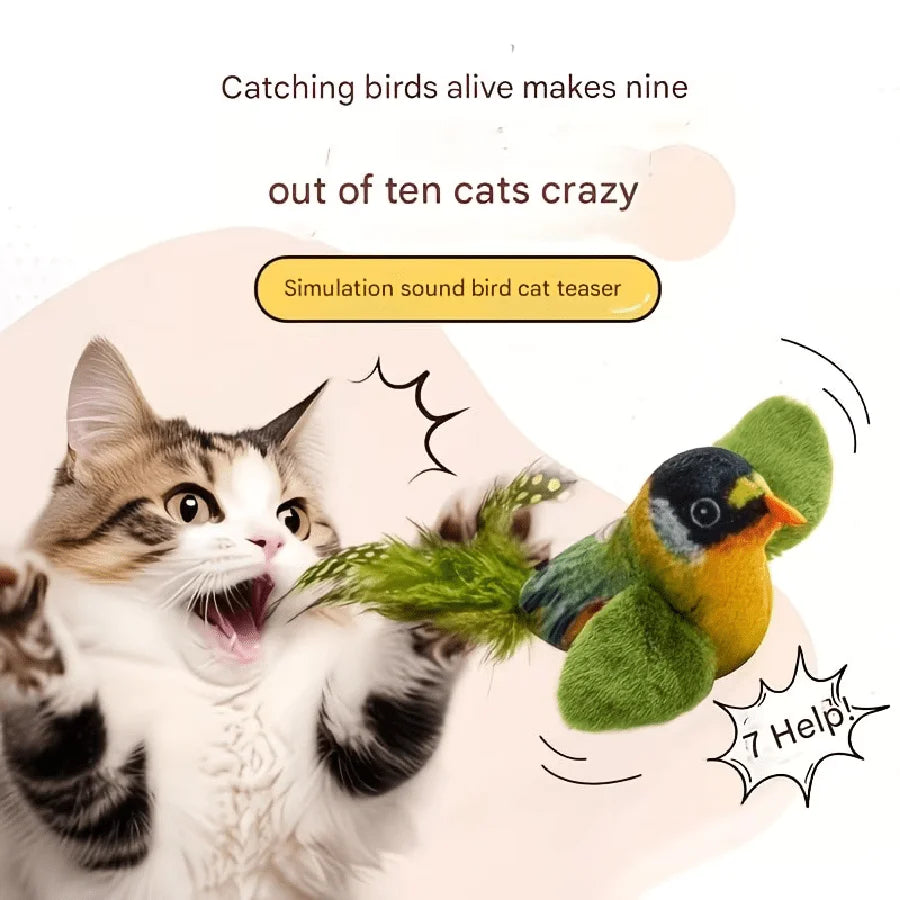 Realistic Bird, Interactive Cat Toy - Realistic Chirping Sound, Artificial Nylon Feathers, Soft Nylon Feather Stick, Handmade Design, Solo Play And Hunting Fun, Suitable For All Cats, Physical Sound, No Battery Required.