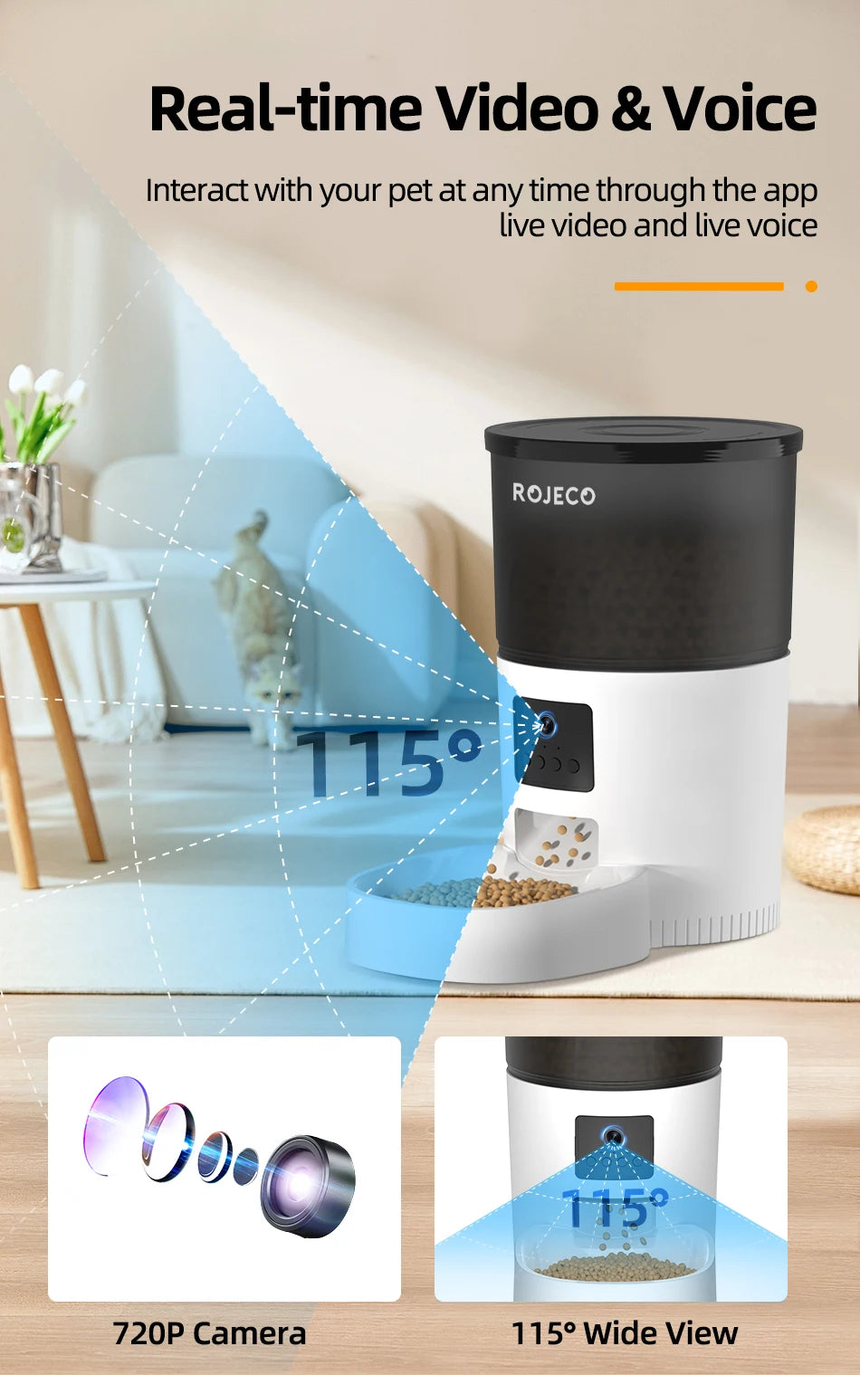 ROJECO Automatic Cat Feeder With Camera Video And Remote Control