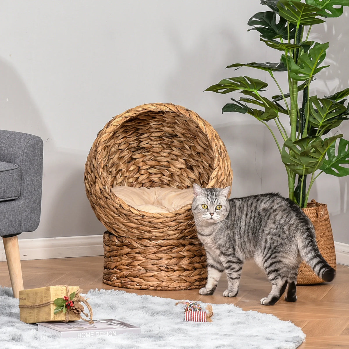 Rotatable Plush Cat Basket Bed With Comfy Wrap Style Cushion