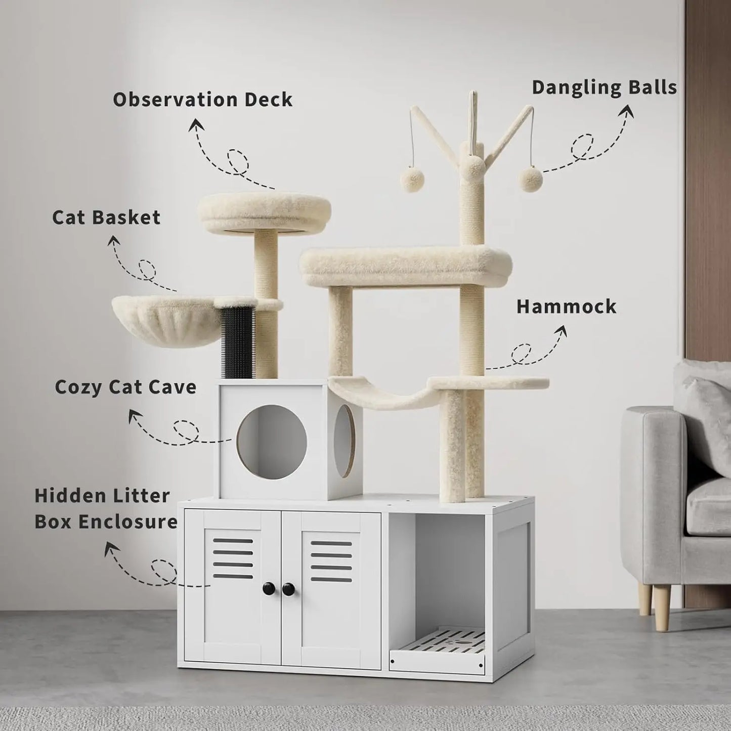 55-Inch Litter Box Enclosure with Cat Tree, 2-in-1 Modern Large Cat Tower for Indoor Cats with Condo/Hammock/Scratching Post/Plush Perch/Caves, Wooden Hidden Litter Box Furniture, White