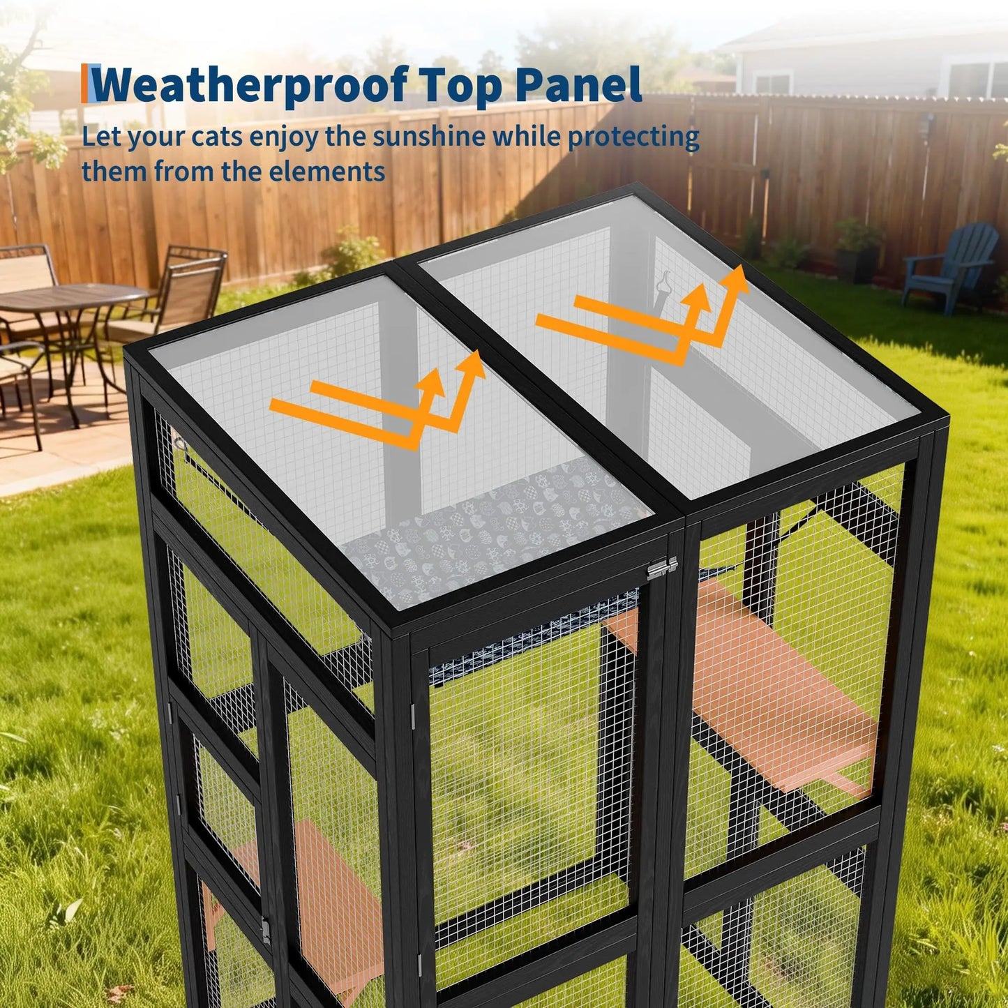 64 Inch Large Wooden Catio Outdoor Cat Enclosure Window Cat House with Wheels 3 Platforms Weatherproof Roof Cage