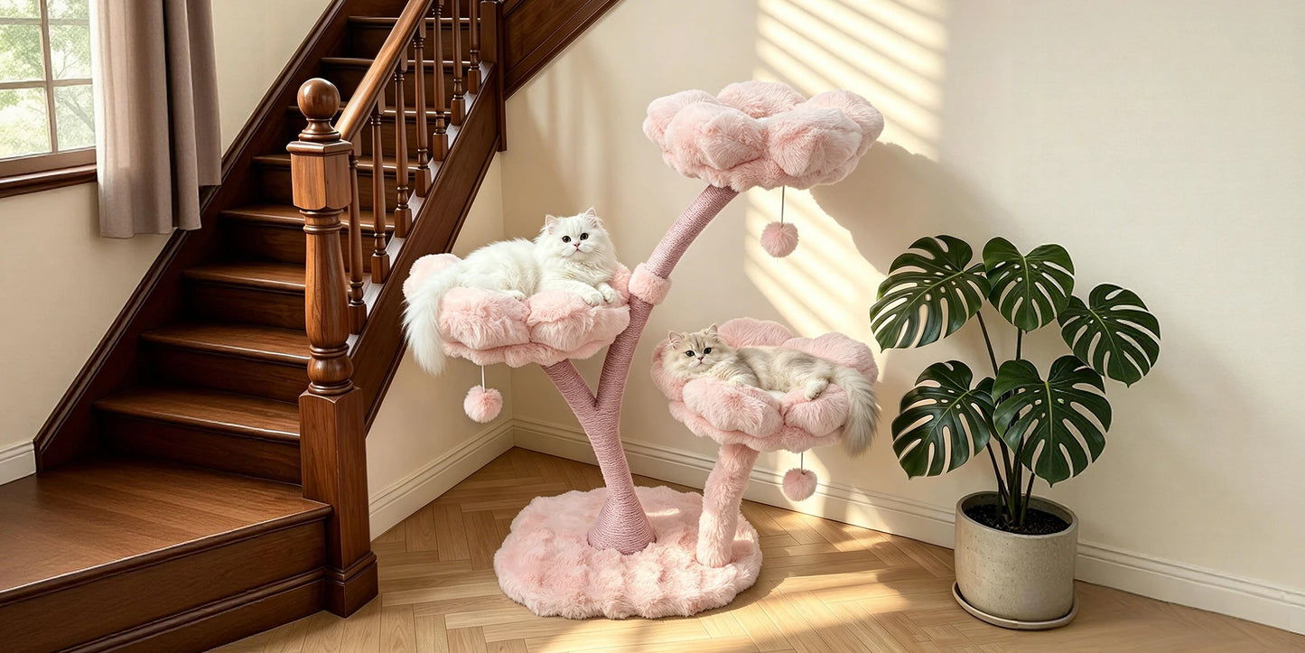105cm Tall Pink Flower Cat Tree Tower with Scratching Post Wood Branch Cat Cushioned Bed Hanging Ball Toy