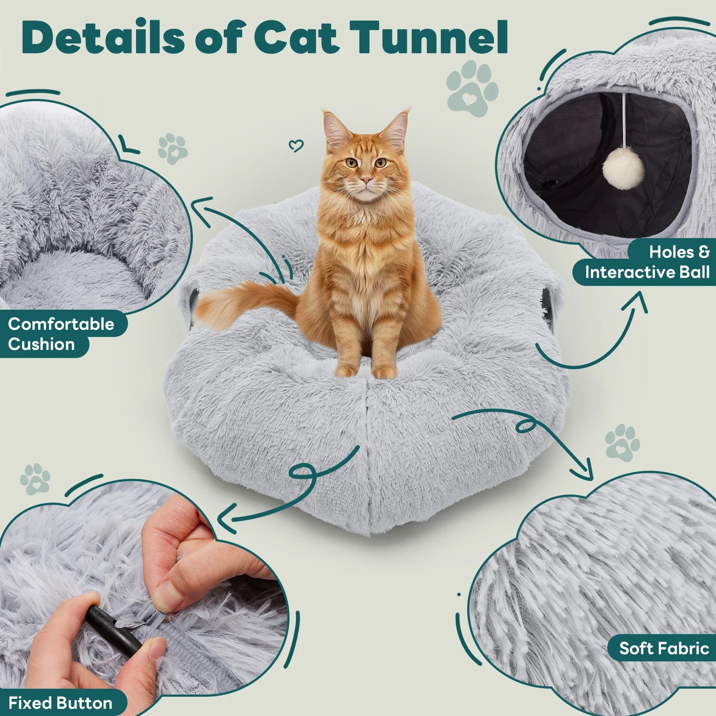 JHK Cat Tunnel Bed for Indoor with Soft Plush Washable Multifunctional Playground Under Tree Pet Toys for Kittens Puppy