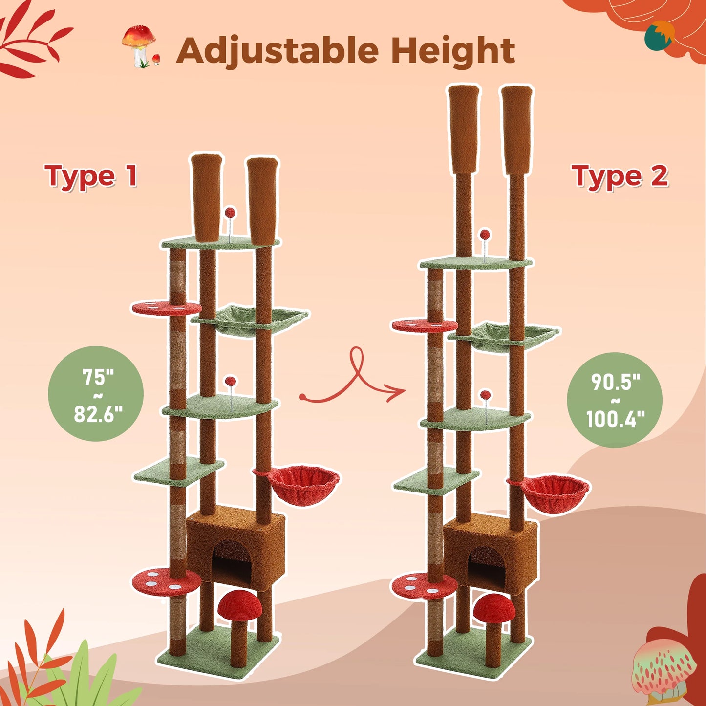 PETEPELA Cat Tree Floor To Ceiling Tower With Condo Hammock