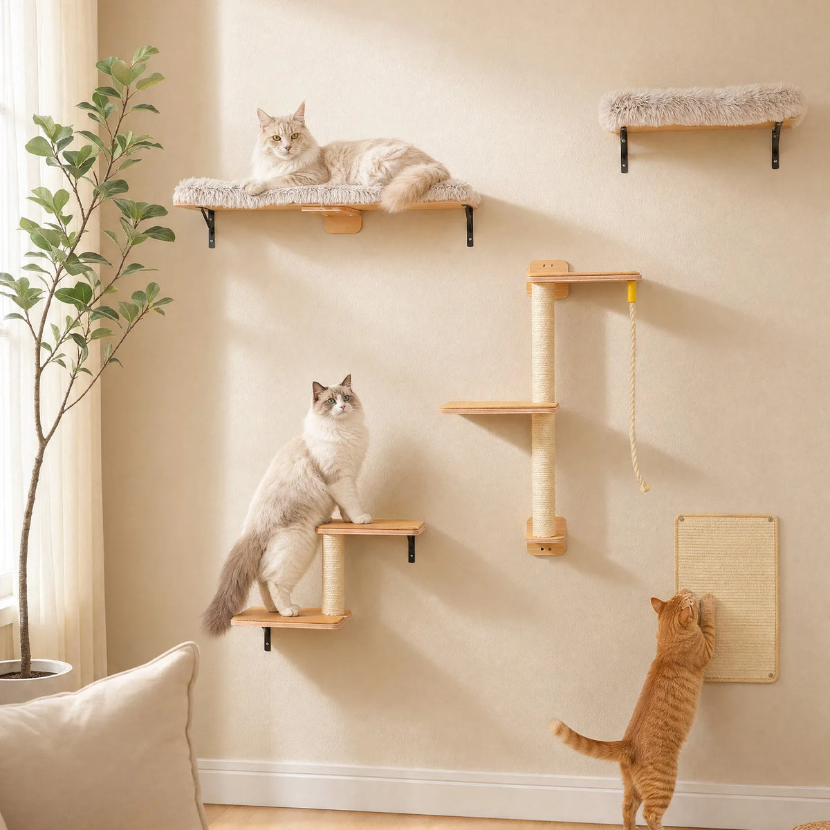 PAWZ Road Wooden Cat Wall Climbing Shelves With Scratching Posts
