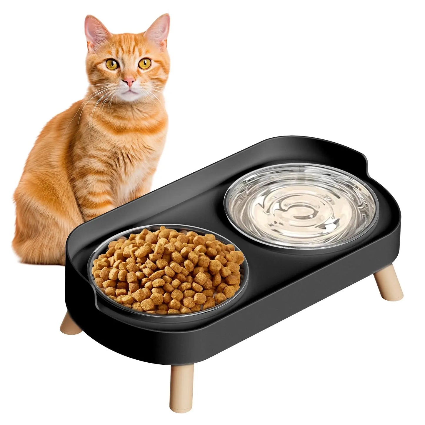 Elevated Cat Bowl, Raised Cat Food and Water Bowl Set for Indoor Cats, Splash Proof with  Stainless Steel Pet Food Bowls for Cats and Puppies, Whisker Fatigue and Dishwasher Safe - White
