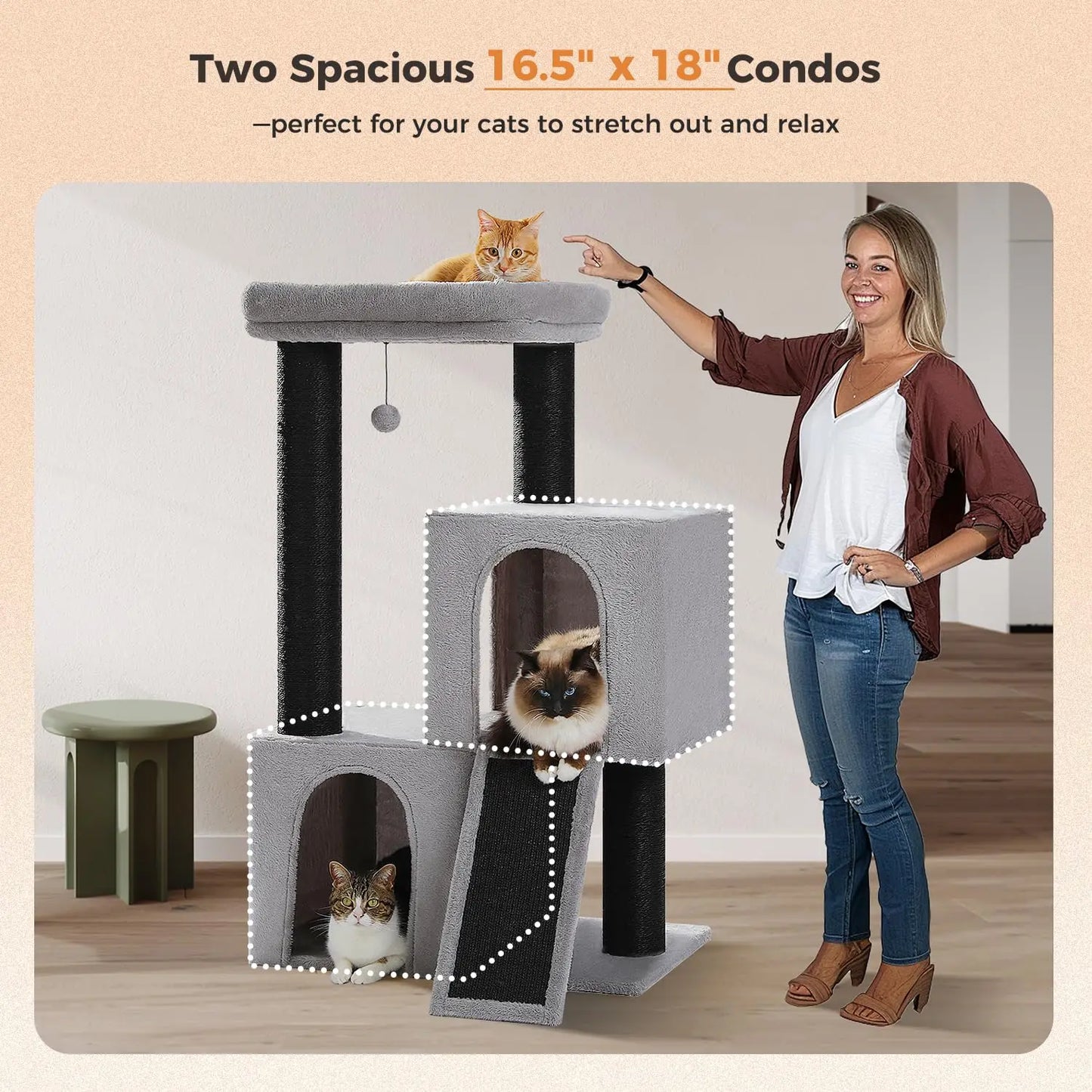 Cat Tree for Indoor Cats Adult, 45-Inch Heavy Duty Cat Tower with Sisal Scratching Ramp, 2 Cat Condo for Extra, Customized