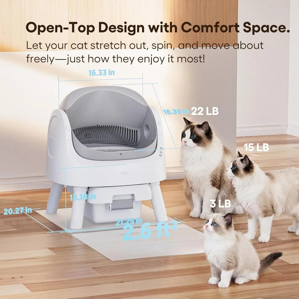 Self-Cleaning Cat Litter Box, Automatic for Multiple Cats, Safety Sensors, Open-Top
