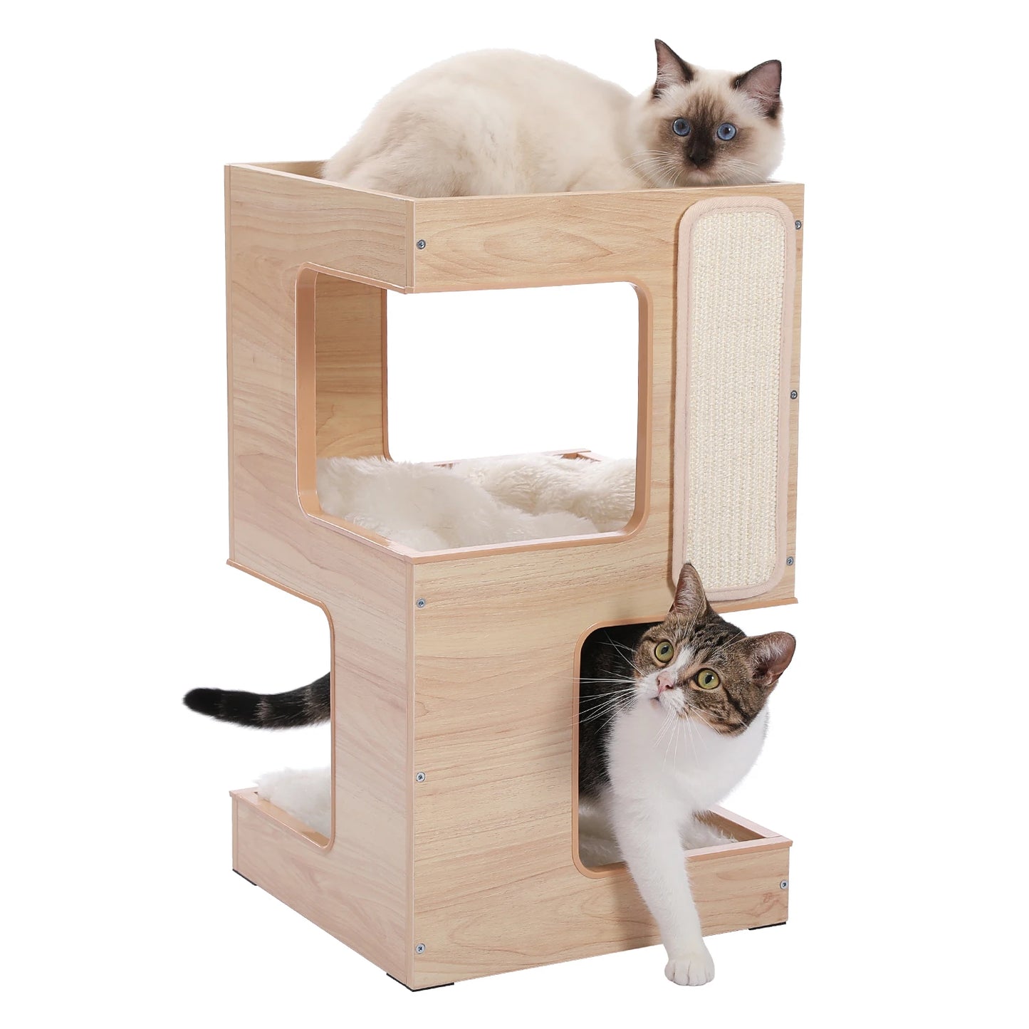 Wood Cat Condo House Bed with Removable Soft Mats Modern Cat Tree Tower with Scratching Pad Cat Scratcher Furniture Kitten Toys