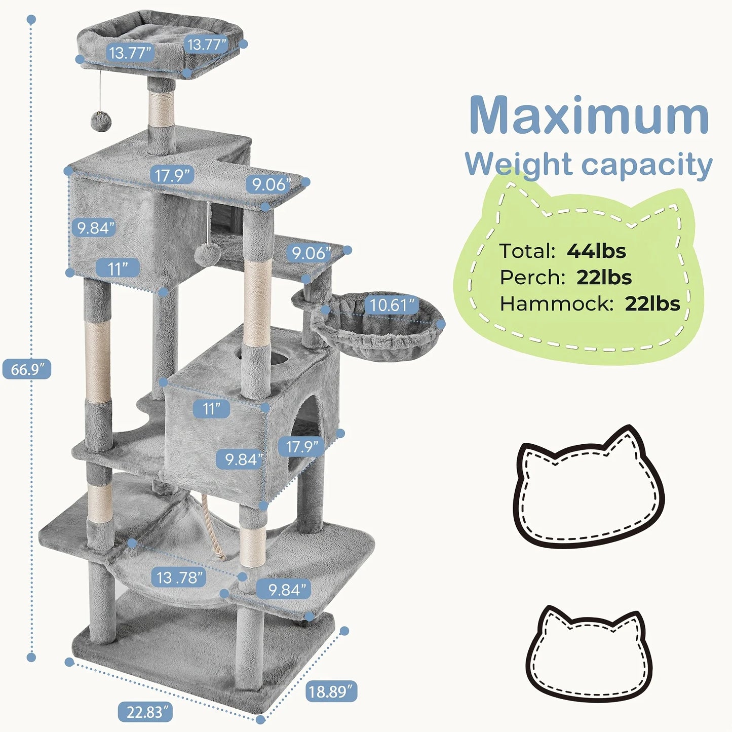 66-inch Multi-Level Cat Tree Tower with Sisal Scratching Posts, Cozy Cat Bed, Soft Hammock & Sturdy Platforms – Modern Design fo