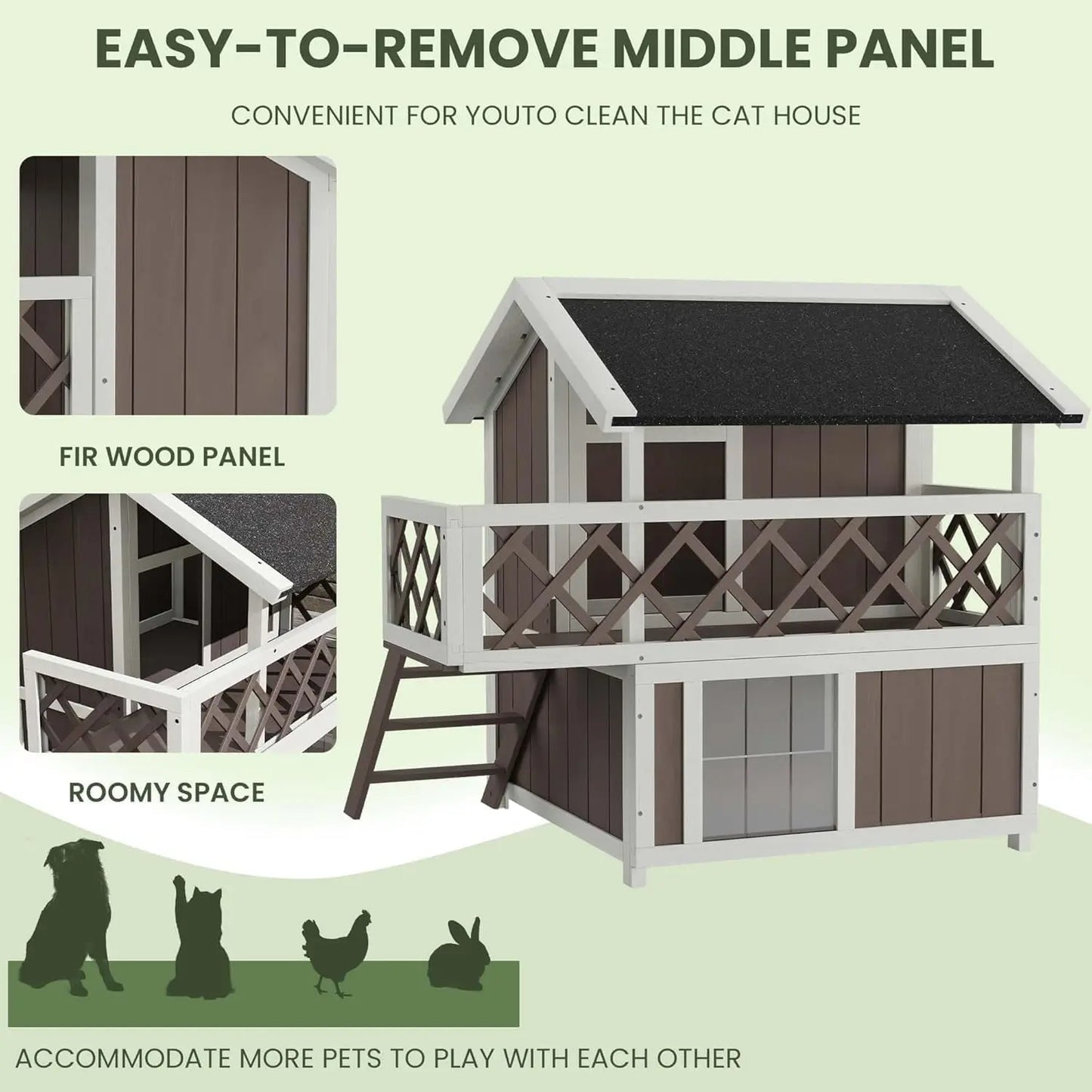 Wooden 2-Level Cat House Outdoor Indoor Weatherproof Shelter With Shade Balcony Side Stairs Guardrails Raised Floor For Cats