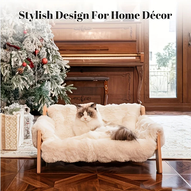 Raised Solid Wood Pet Couch Bed - Elevated Modern Cat & Dog Sofa Chair with Thick, Wide Wood Frame, (Suitable for cats & small D