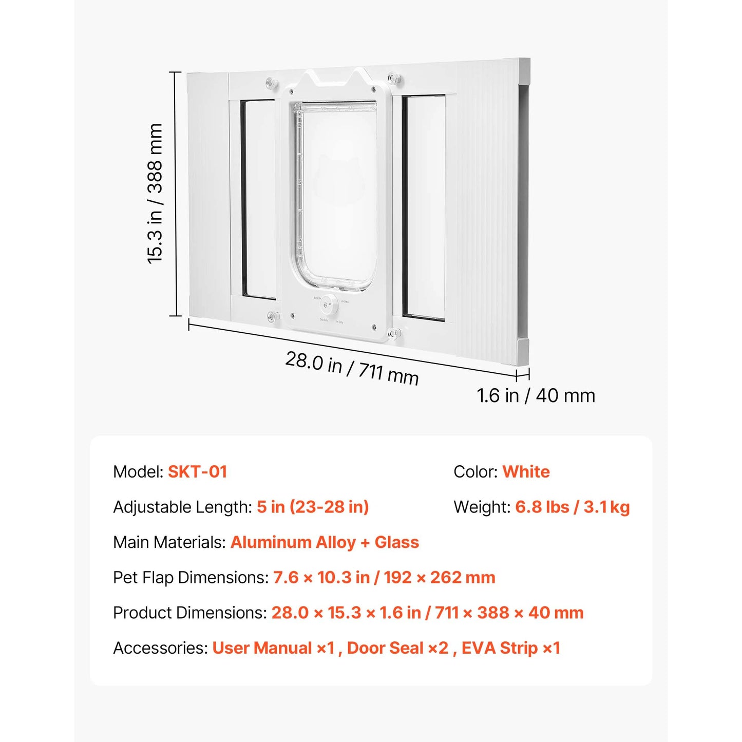 SucceBuy Cat Door for Window Adjustable to Fit Window Width 23"-28" 4 Secure Lock Modes Magnetic Closure Pet Door for Cats White