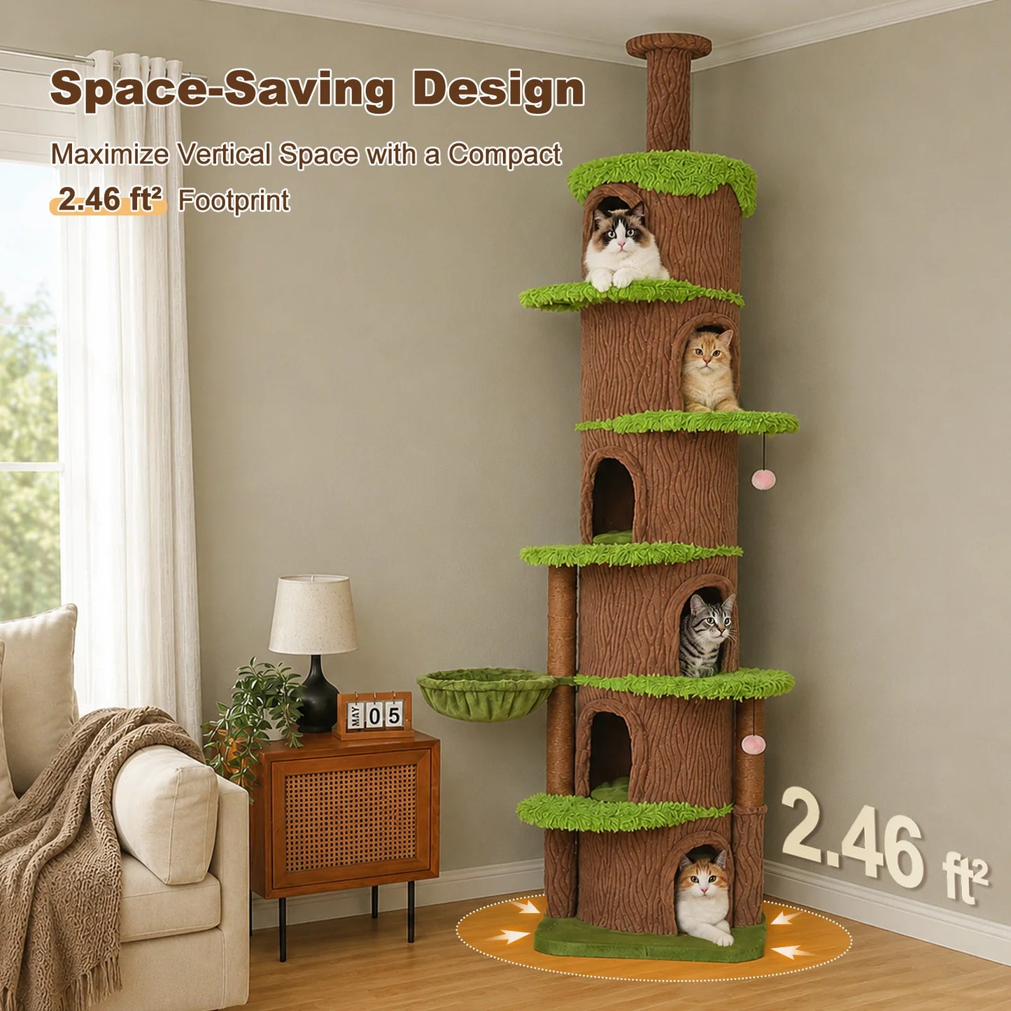 Floor to Ceiling Cat Tree with 6 Spacious Condos Sisal Scratching Posts Cozy Hammock Adjustable Height Large Cat Tower for Indoor Cats Multi-Level Cat House Bed Cat Toys