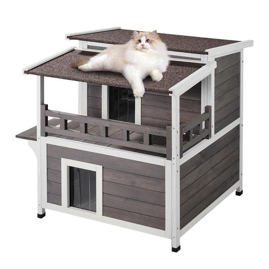 SucceBuy Outdoor Cat House Weatherproof Feral Cat Shelter 2-story Large Outdoor Wooden Cat House with Balcony Door and Open Roof