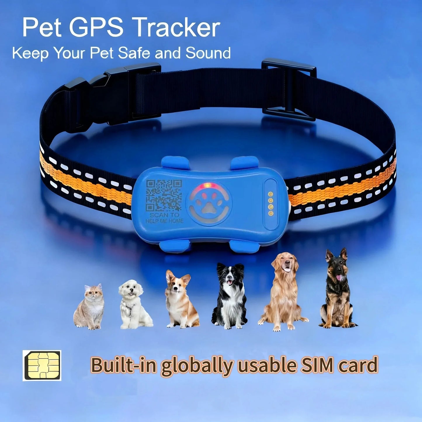 GPS Pet Tracker for Dogs Cats Real Time Tracking Unlimited Distance QR Code Anti-Lost Locator with 1-year Service