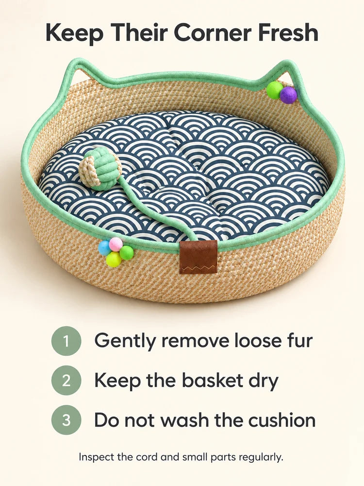 Comfortable Round Woven Cat Bed With Stylish Ear Design by Annie N Poe Cattastic Supplies