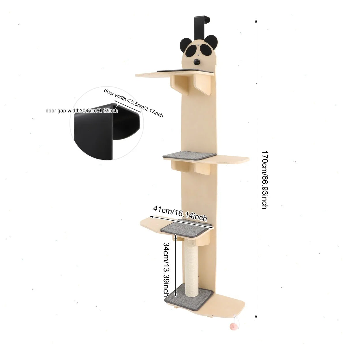 67inch Door Hanging Cat Tree, 4 Tiers Cat Climber with Strong Wood Shelves, Scratching Board, Teasing Ball, Indoor Vertical Cat Tower for Small Spaces