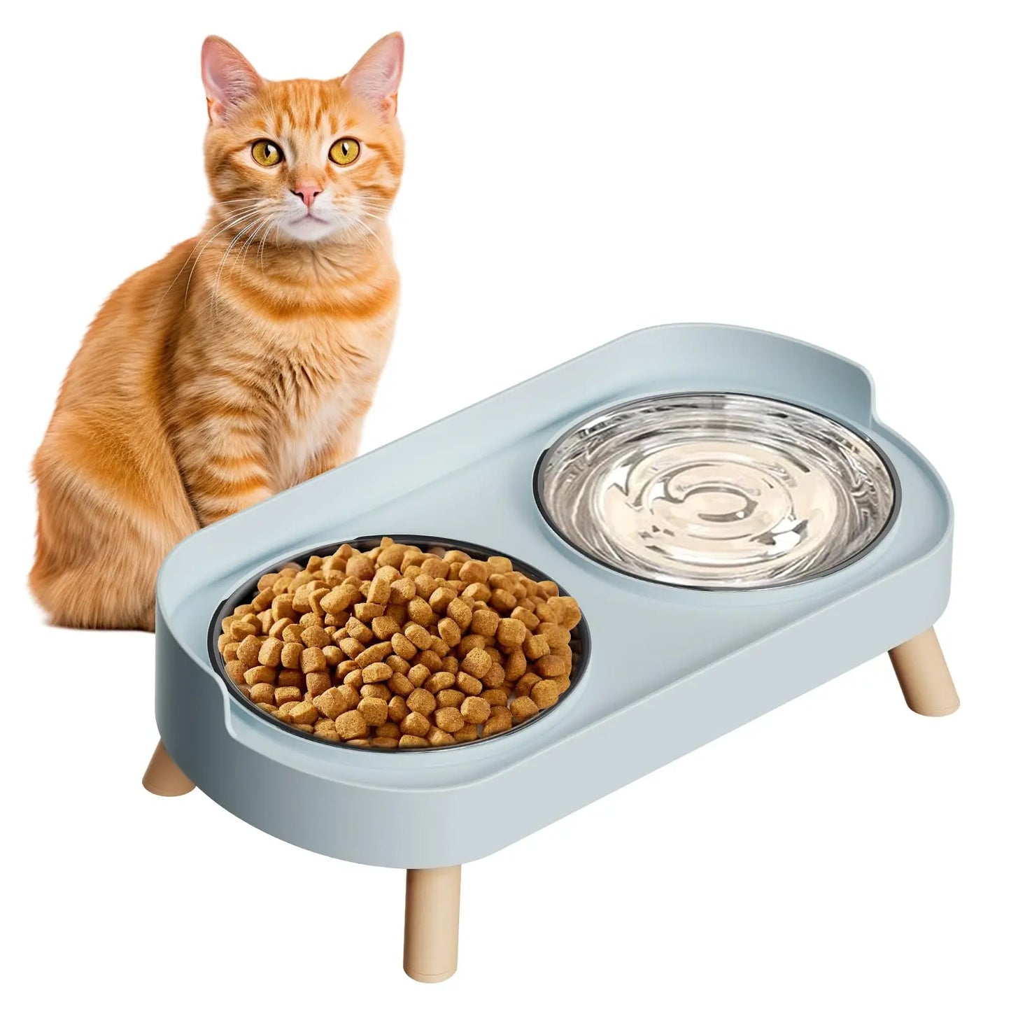 Elevated Cat Bowl, Raised Cat Food and Water Bowl Set for Indoor Cats, Splash Proof with  Stainless Steel Pet Food Bowls for Cats and Puppies, Whisker Fatigue and Dishwasher Safe - White