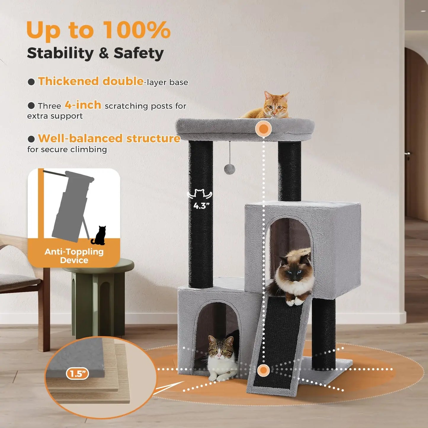 Cat Tree for Indoor Cats Adult, 45-Inch Heavy Duty Cat Tower with Sisal Scratching Ramp, 2 Cat Condo for Extra, Customized