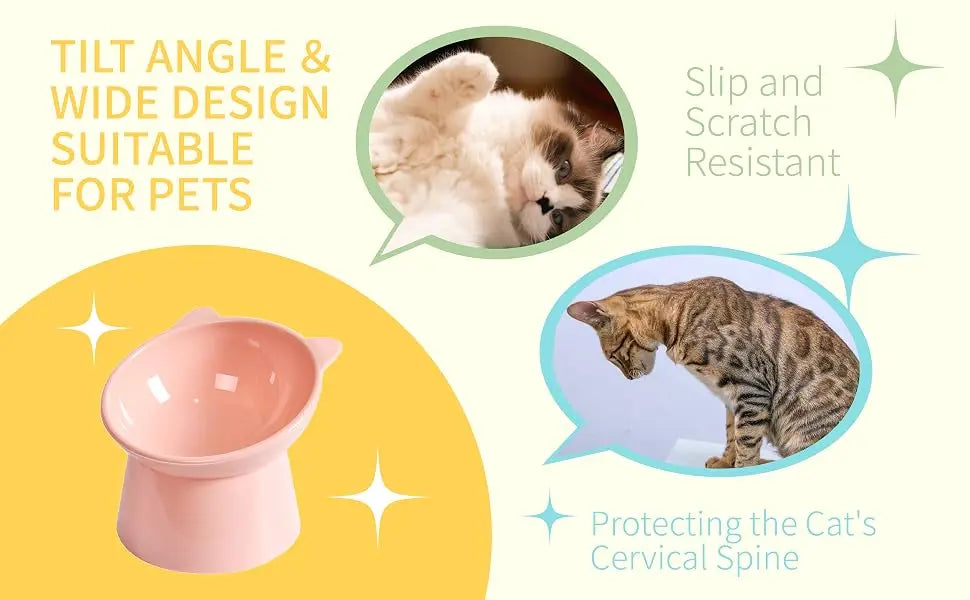 Tilted Cat Food Bowl - Whisker Friendly, Anti Vomiting, Slanted, Cat Bowl, Blue