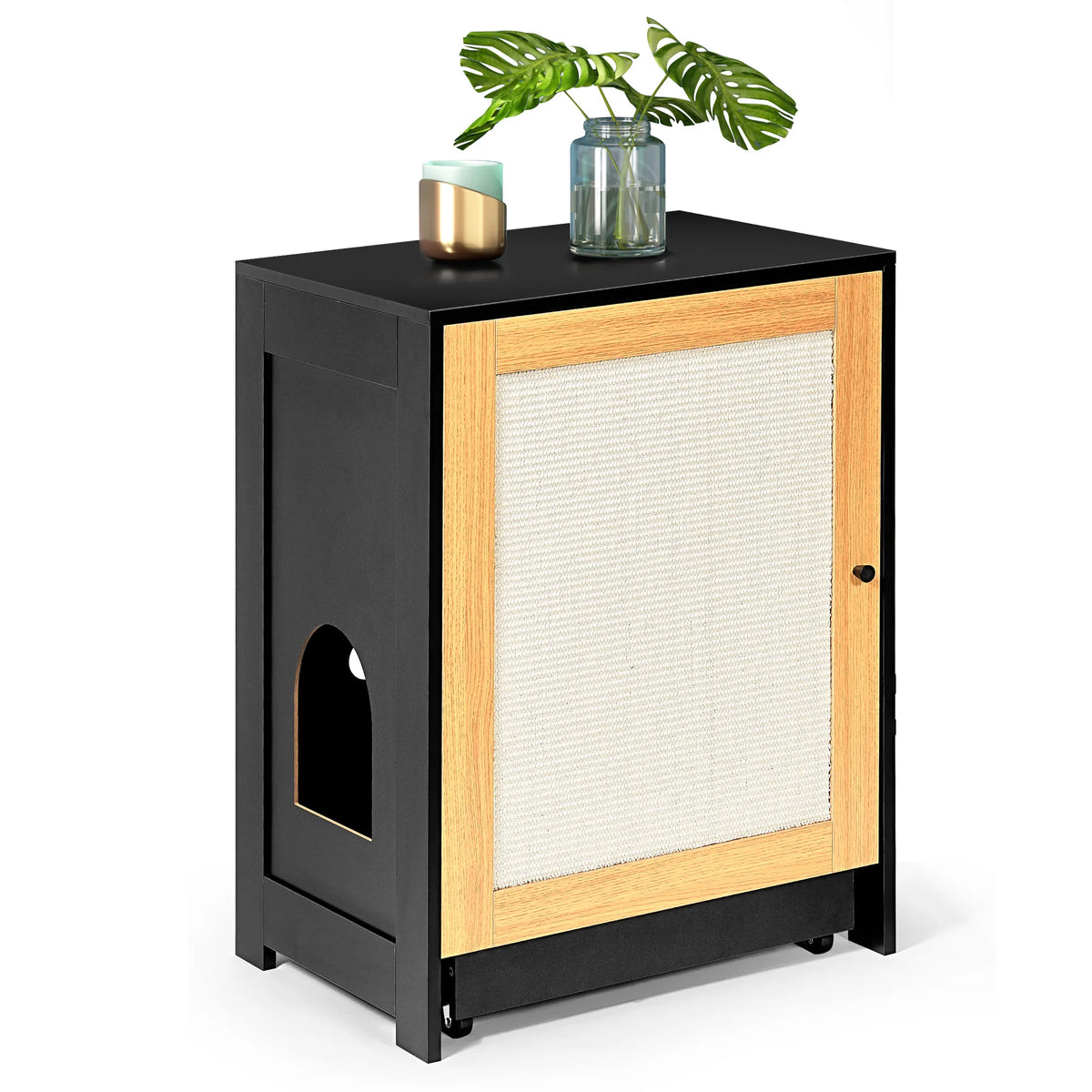 Hidden Cat Litter Box Enclosure With Sisal Scratching Door Cabinet