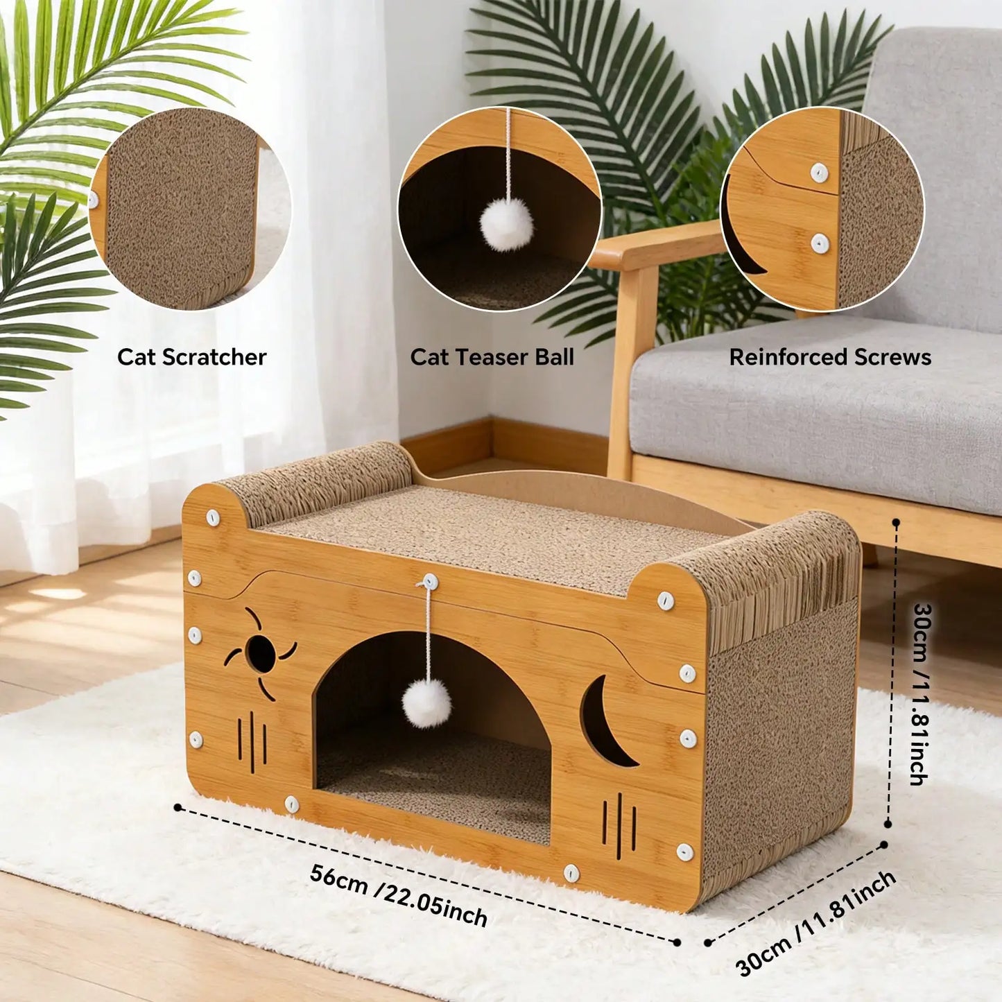 2 In 1 Double Layer Cardboard Cat Scratcher Lounge Bed Bubble Fish Star Moon Double Cat Head Pattern Detachable Upper Platform Cat Hideaway With 2 Hanging Pom Pom Balls For Multi Cat Households