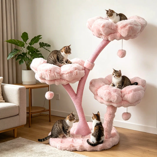 105cm Tall Pink Flower Cat Tree Tower with Scratching Post Wood Branch Cat Cushioned Bed Hanging Ball Toy