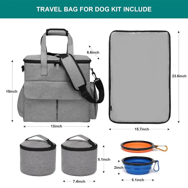 Pet Travel Bag Set Airline Approved Dog Cat Travel Organizer Weekend Tote Multi Function Pockets Supplies Bowls Containers