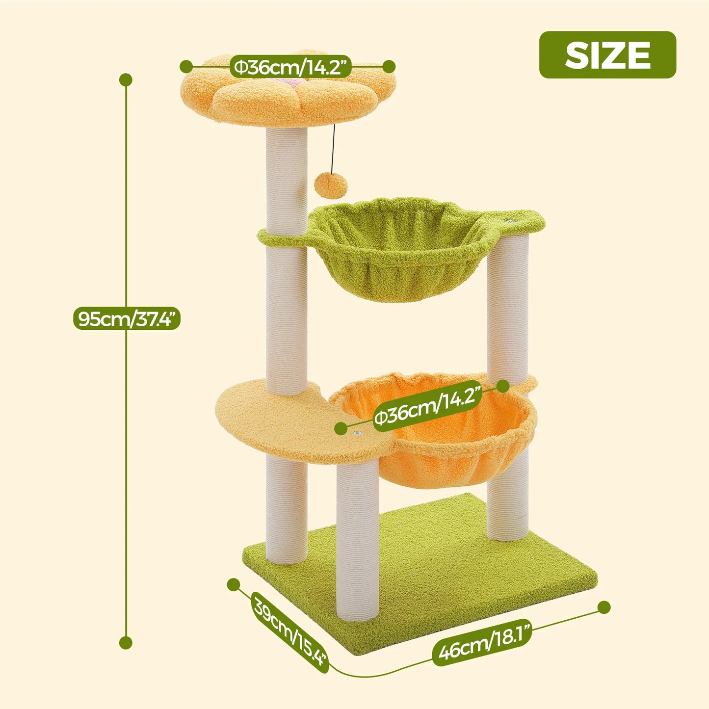 Flower Cat Tree with 2 Cozy Hammocks Sisal Scratching Posts Soft Top Perch Small Cat Tower for Indoor Kitty Cat Furniture Cat Toys