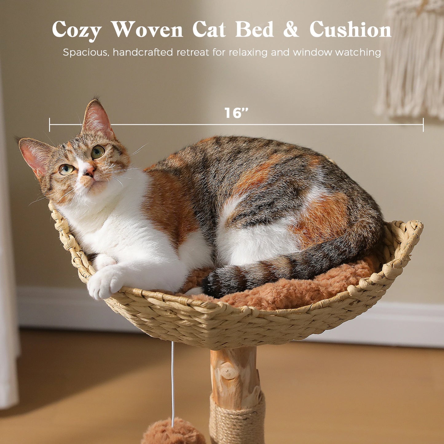 Wood Cat Tree with Wicker Basket Bed Sisal Scratching Posts Modern Cat Tower with Real Wood Branches Hanging Balls Luxury Boho Cat Furniture for Indoor Cat Toys