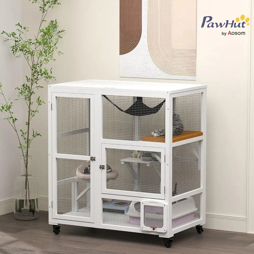 Indoor Wooden Catio, Cat House Cat Enclosure on Wheels with 3 Platorms, Hammock, Cat lap Door & Openable Top, Luxury Kitty House
