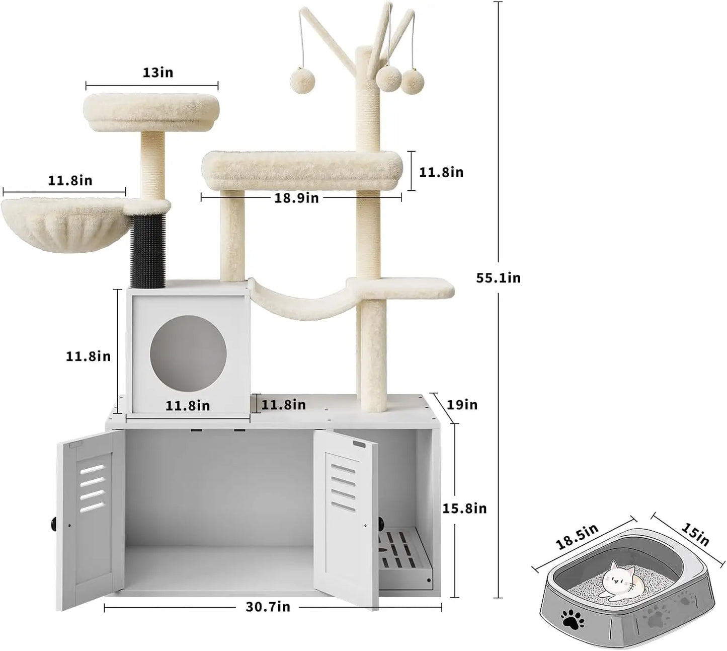 55-Inch Litter Box Enclosure with Cat Tree, 2-in-1 Modern Large Cat Tower for Indoor Cats with Condo/Hammock/Scratching Post/Plush Perch/Caves, Wooden Hidden Litter Box Furniture, White