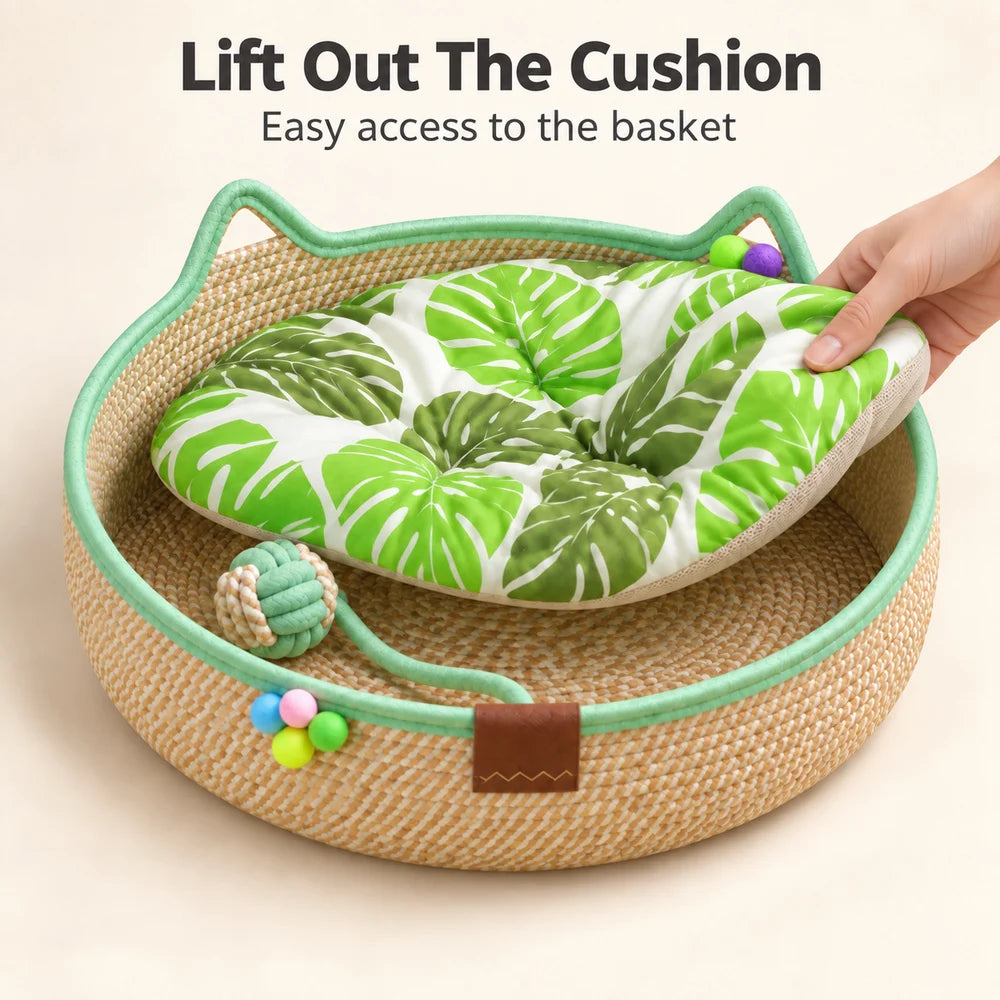 Comfortable Round Woven Cat Bed With Stylish Ear Design by Annie N Poe Cattastic Supplies