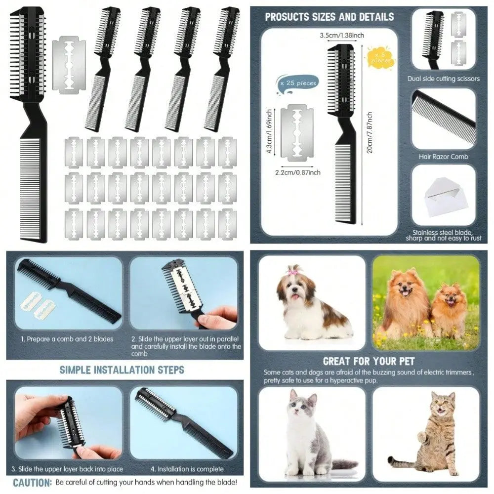 Pet Grooming Tool 5Piece Dog Hair Razor Comb Set With 25 Extra Blades For Dogs And Cats Black