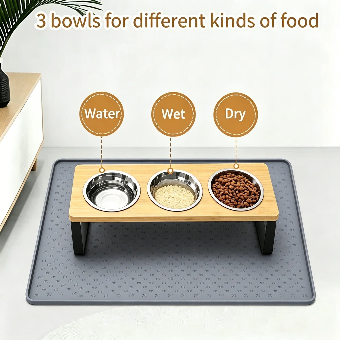 3 Bowls Elevated Cat Feeder 15° Tilted Bamboo Iron Stand Stainless Steel Pet Food Water Bowls Waterproof Anti-slip Silicone Feeding Mat for Kittens Puppies