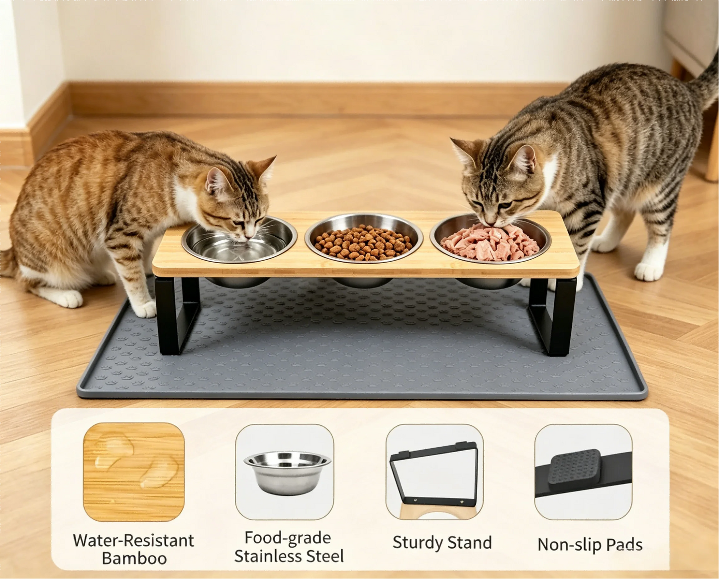 3 Bowls Elevated Cat Feeder 15° Tilted Bamboo Iron Stand Stainless Steel Pet Food Water Bowls Waterproof Anti-slip Silicone Feeding Mat for Kittens Puppies
