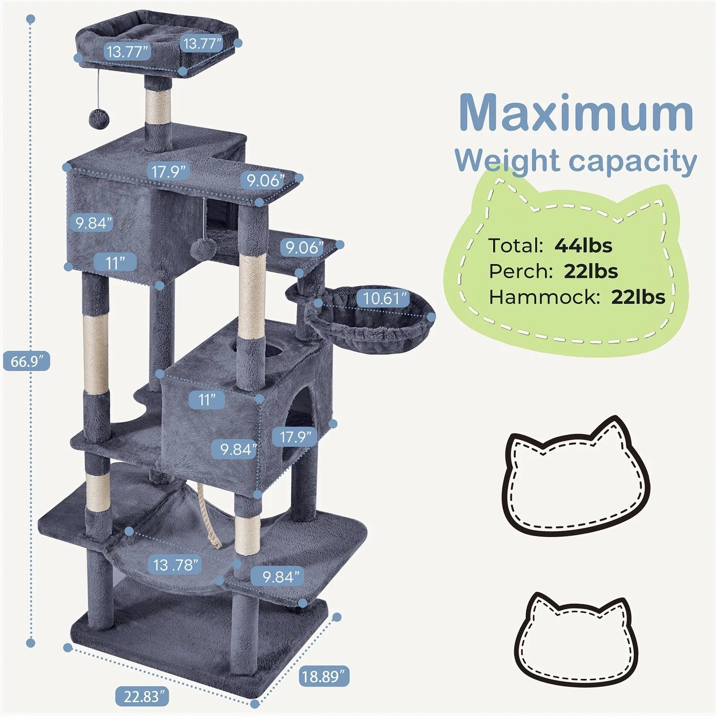 66-inch Multi-Level Cat Tree Tower with Sisal Scratching Posts, Cozy Cat Bed, Soft Hammock & Sturdy Platforms – Modern Design fo