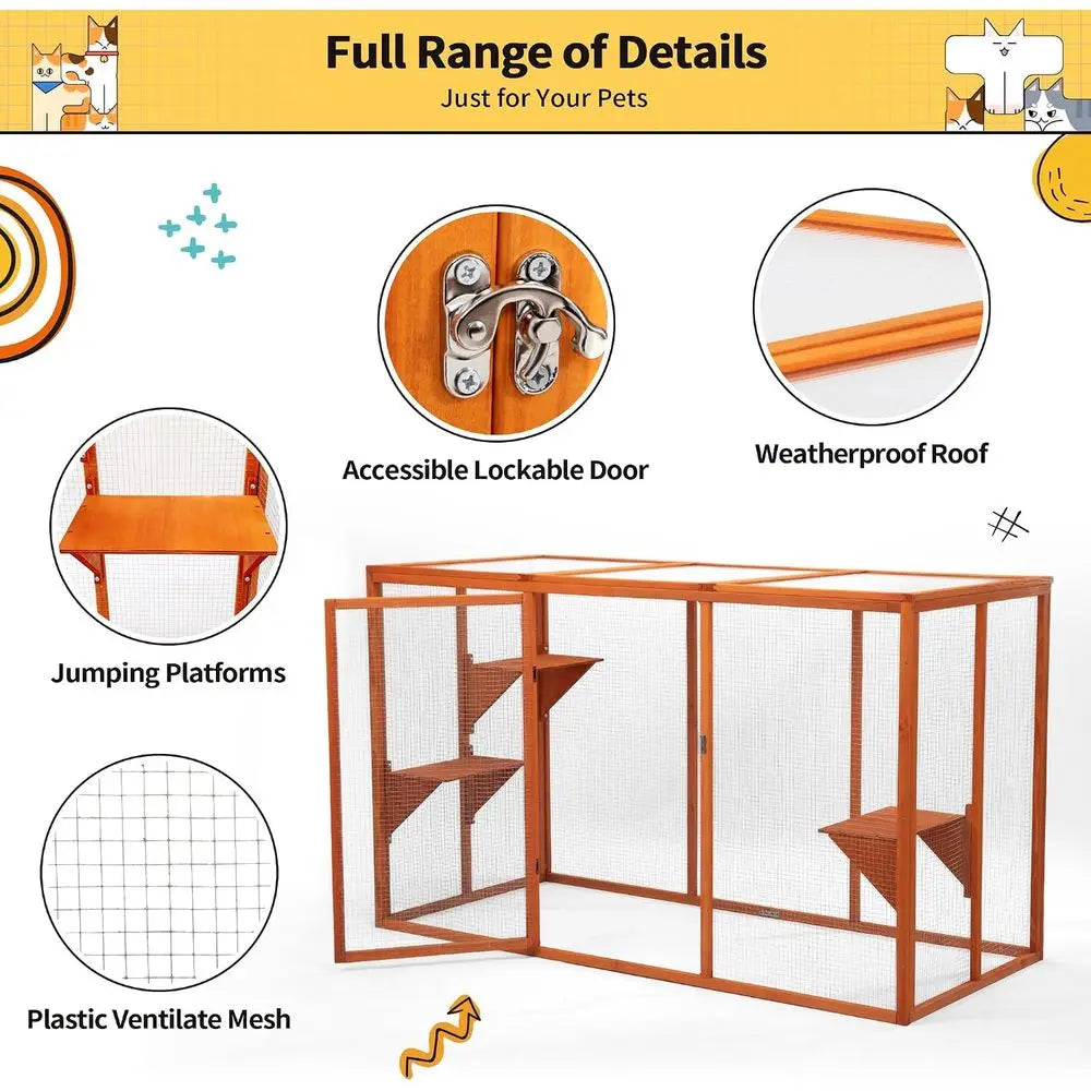 Outdoor Catio with Multi-Level Cat Enclosure and Waterproof Roof