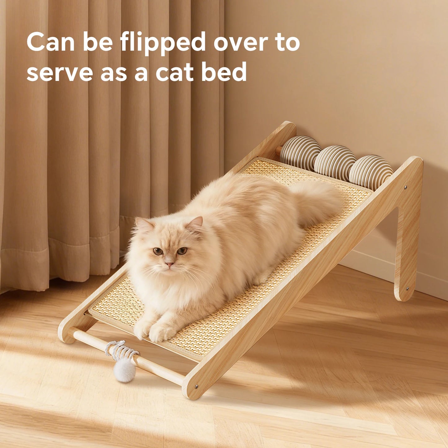 L-shaped sisal cat scratcher with hanging ball, satisfies cats' scratching and playing instincts
