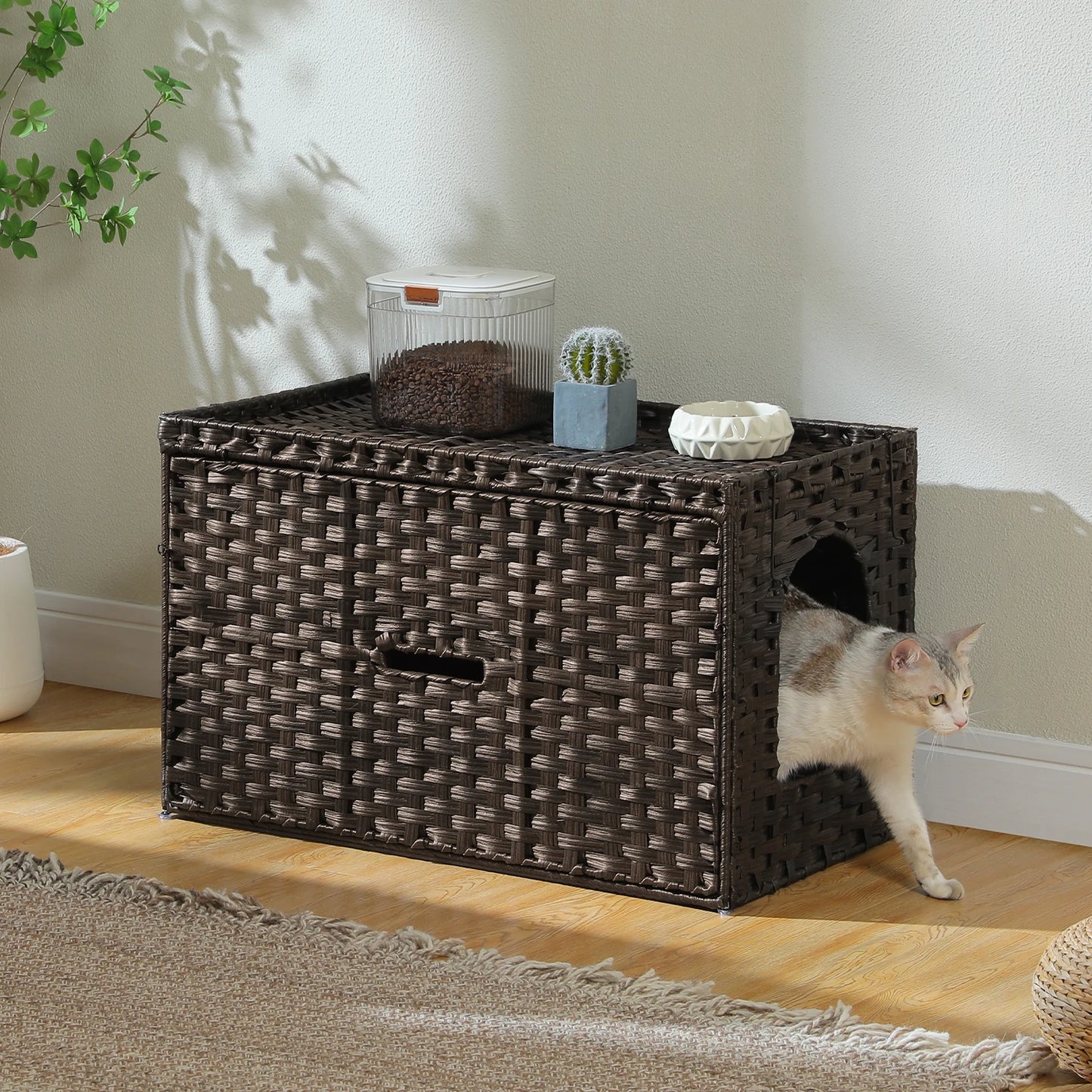 PEQULTI Rattan Cat Litter Box Enclosure With Taller Doorway