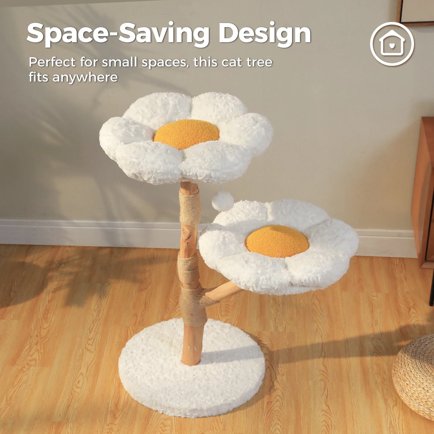 Wood Cat Tree with Wicker Basket Bed Sisal Scratching Posts Modern Cat Tower with Real Wood Branches Hanging Balls Luxury Boho Cat Furniture for Indoor Cat Toys