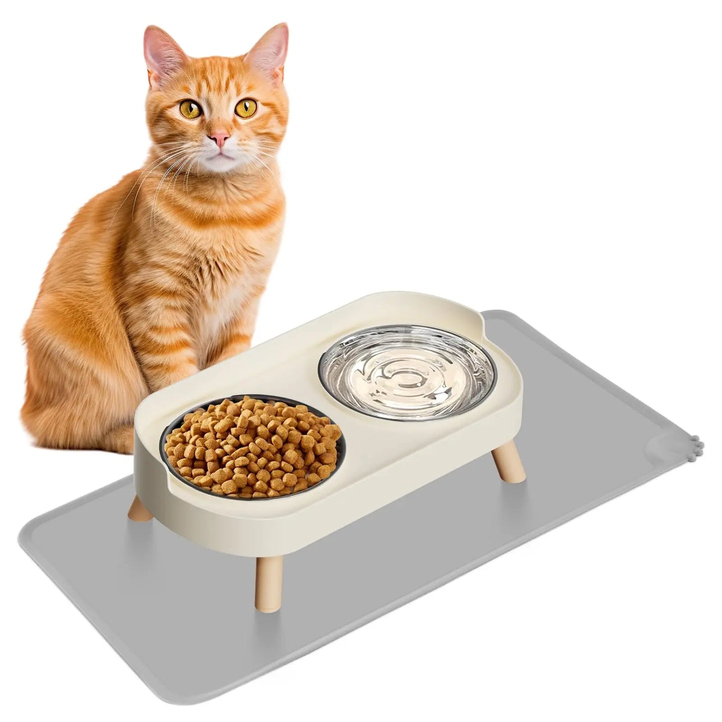 Elevated Cat Bowl, Raised Cat Food and Water Bowl Set for Indoor Cats, Splash Proof with  Stainless Steel Pet Food Bowls for Cats and Puppies, Whisker Fatigue and Dishwasher Safe - White