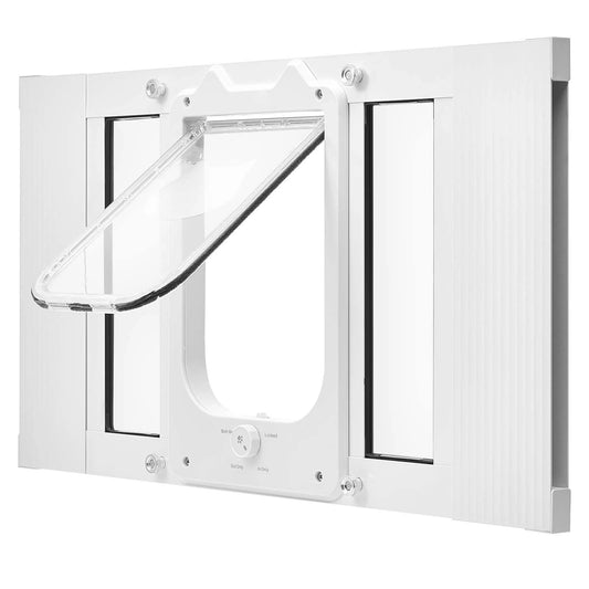 SucceBuy Cat Door for Window Adjustable to Fit Window Width 23"-28" 4 Secure Lock Modes Magnetic Closure Pet Door for Cats White