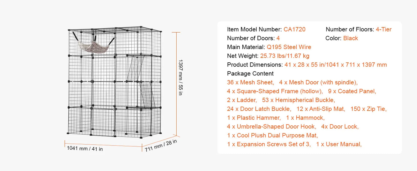 SucceBuy Large Cat Cage Detachable Metal Wire Cat Enclosure with Front Doors Hammock Ramp ladders Crate Exercise Place for Cat