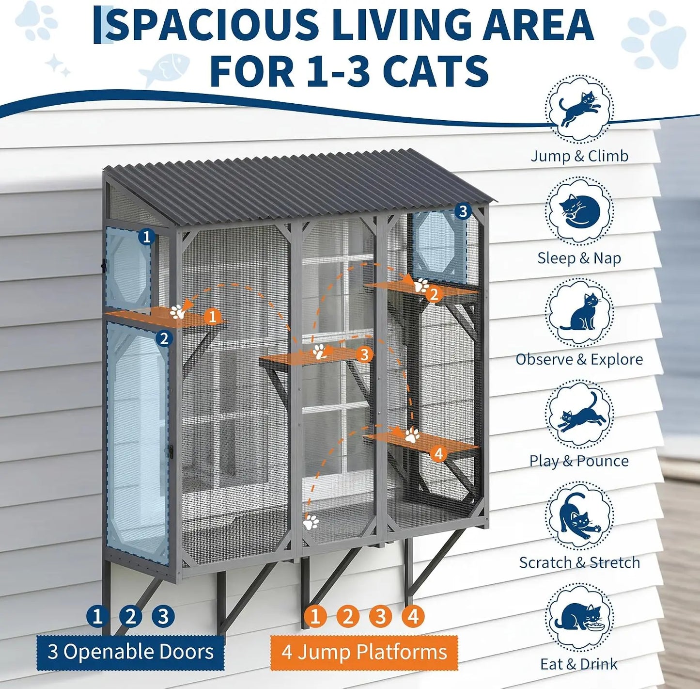 68 Inch Window Catio Wooden Cat Enclosure Large Expandable Cat Window Box With Wooden Cat Perch For Multiple Cats Sunbathing Birdwatching And Napping For Backyard