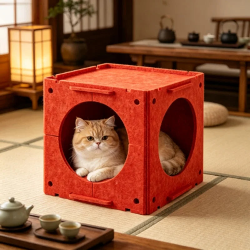 Extra Large Cartoon Cat House All-Season Enclosed Rabbit Hutch with Cat Cabinet Bed for Indoor Cats And Small Rabbits